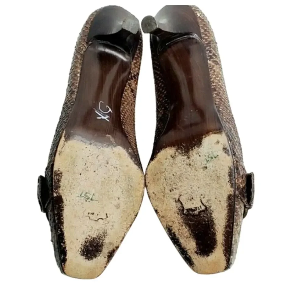 Stuart Weitzman Brown Size 8 1/2‎ Snake Skin Square Toe Pumps Women's Shoes